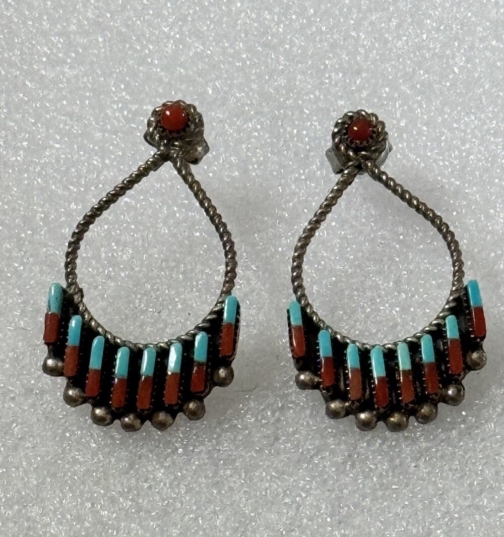 Vintage Zuni Handmade Sterling Silver Turquoise & Coral Inlay Dangle Earrings